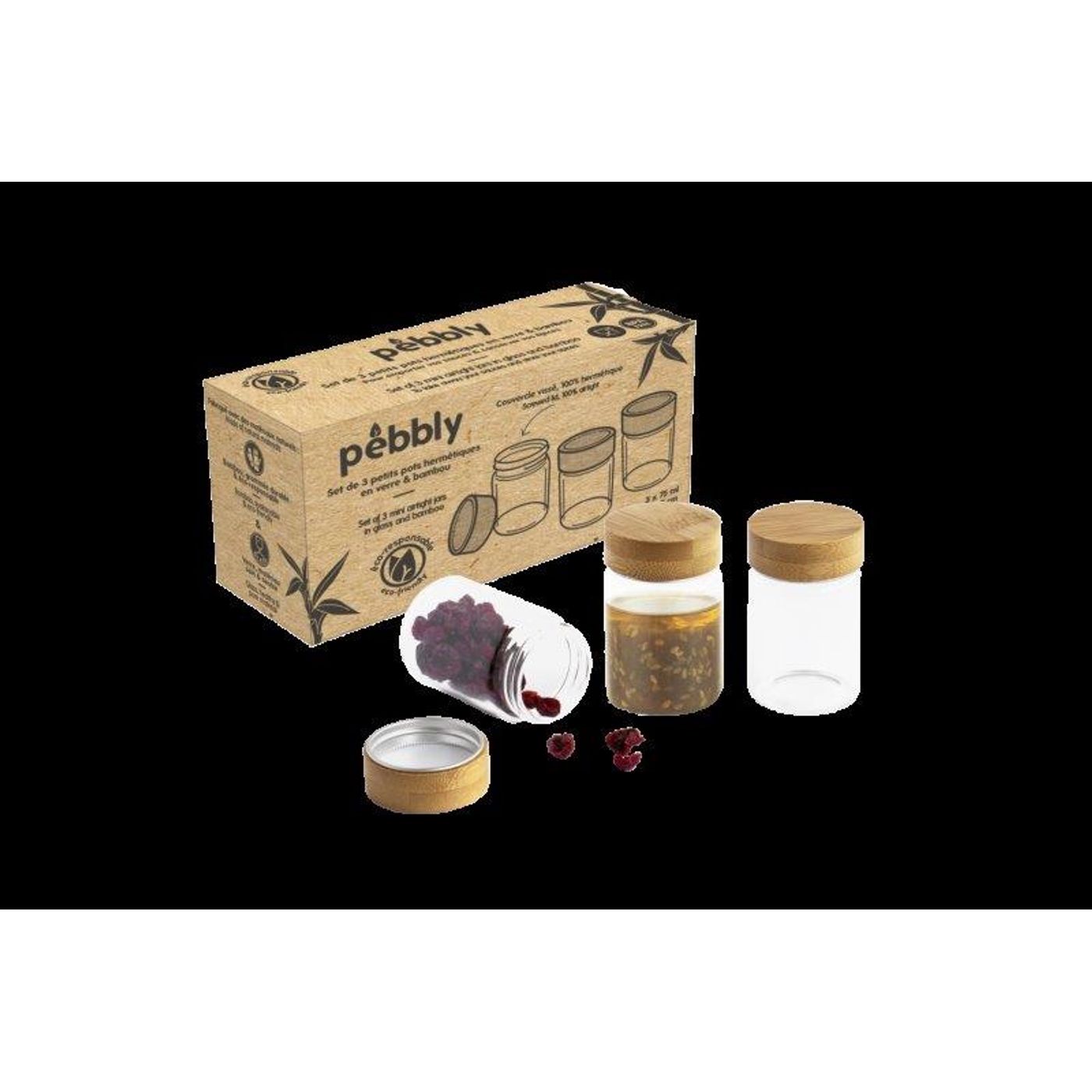 Set de 3 pots en verre avec couvercle bambou 75 ml